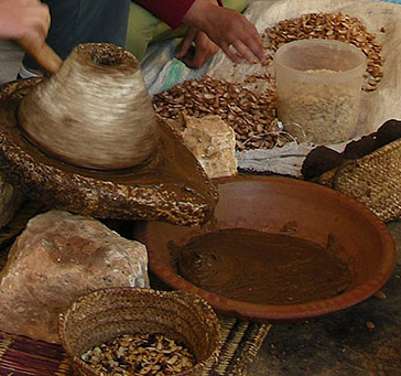 [Photo: Argan seeds being processed for their oil]
